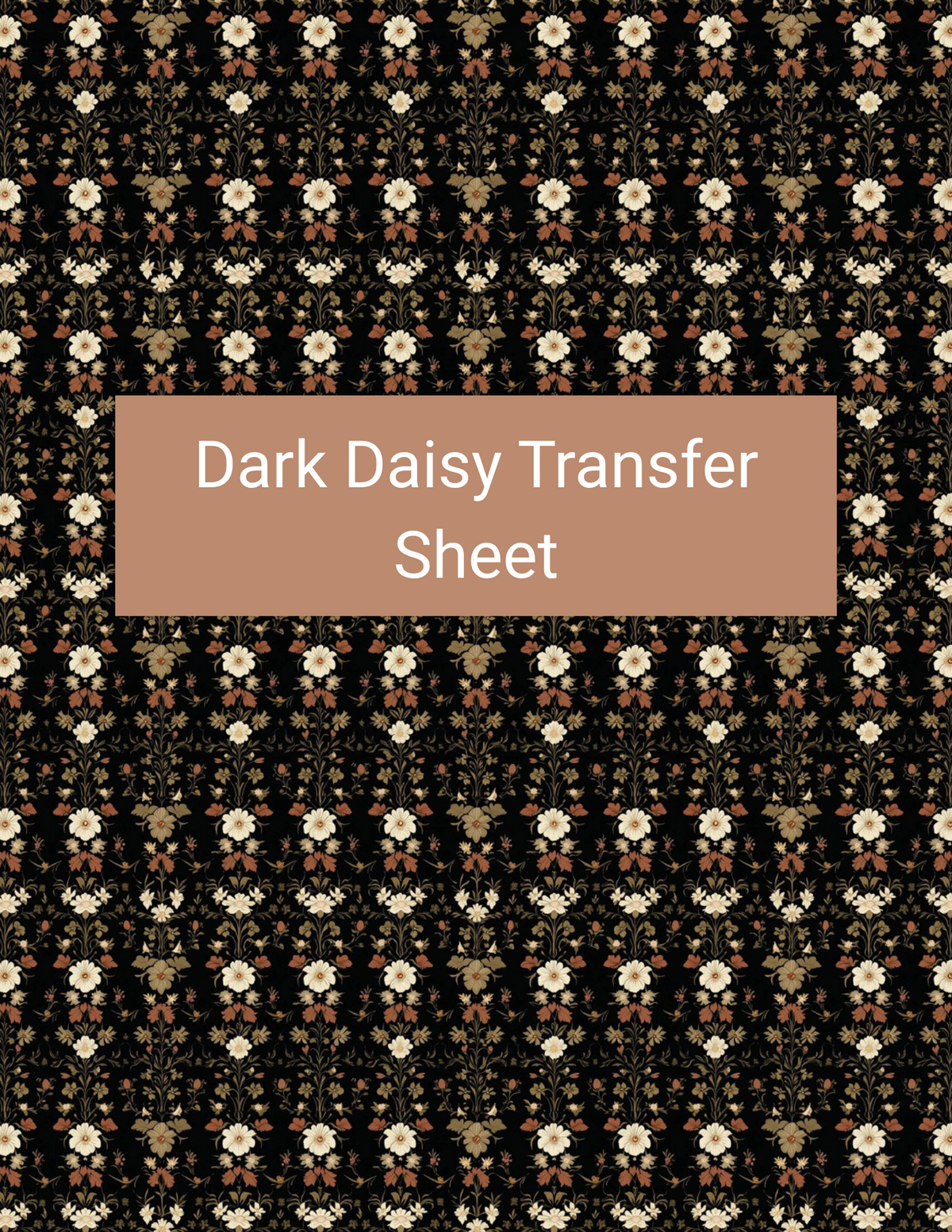Dark Daisy polymer clay transfer paper with black, warm cream, muted rust, sage green, and soft gold featuring repeating cream daisies, rust-colored centers, and miniature green leaves