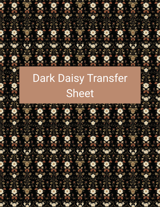 Dark Daisy polymer clay transfer paper with black, warm cream, muted rust, sage green, and soft gold featuring repeating cream daisies, rust-colored centers, and miniature green leaves