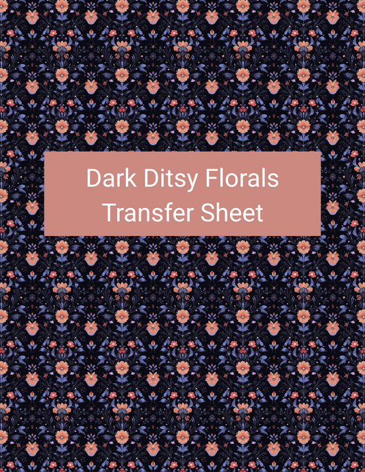 Dark Ditsy Florals polymer clay transfer paper with midnight navy, black, coral pink, dusty blue, and muted rust featuring tiny coral blossoms, blue flowers, miniature leaves, and symmetrical botanical details