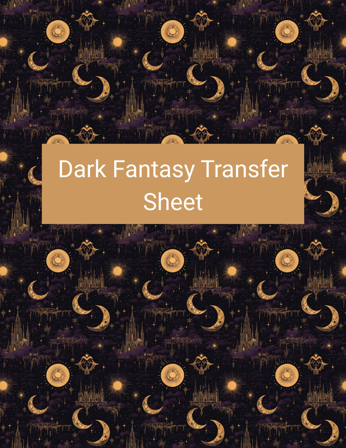 Dark Fantasy polymer clay transfer paper with black, deep purple, antique gold, muted orange, and smoky brown featuring golden suns, crescent moons, distant mountains, dark forests, and glowing stars