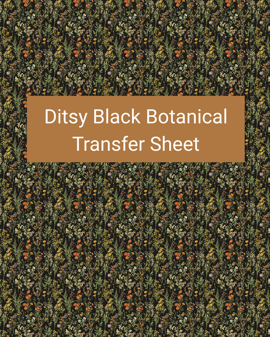 Ditsy Black Botanical polymer clay transfer paper with charcoal black, olive green, muted sage, and warm orange and dense miniature foliage, tiny flowers, and scattered orange berry-like accents