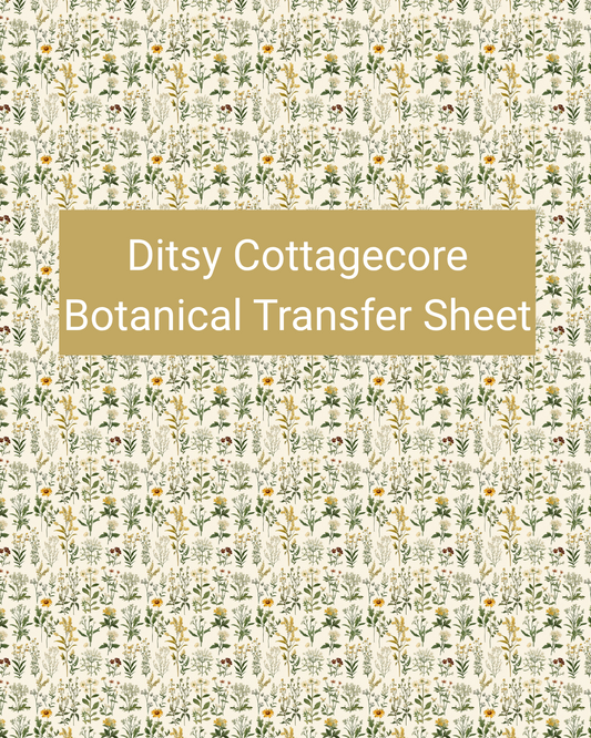 Ditsy Cottagecore Botanical polymer clay transfer paper with sage green, soft yellow, muted orange, and warm cream and tiny leafy stems and delicate scattered wildflowers