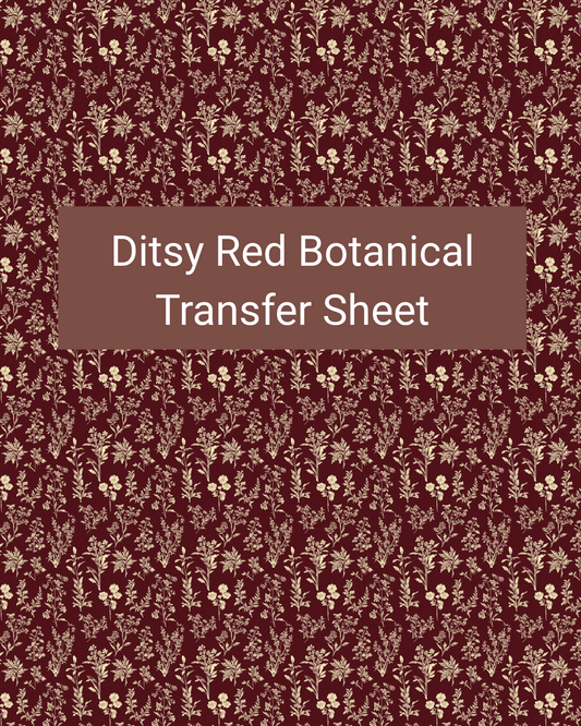 Ditsy Red Botanical polymer clay transfer paper with muted wine red and warm cream and tiny cream leafy sprigs and delicate repeating botanical clusters