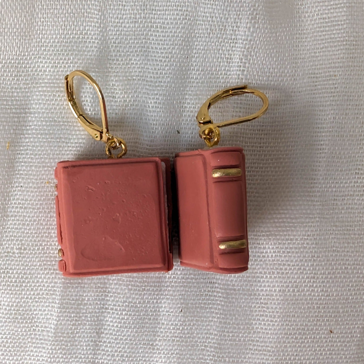 Smooth Dusty Terracotta book earrings with gold binding accents and gold findings
