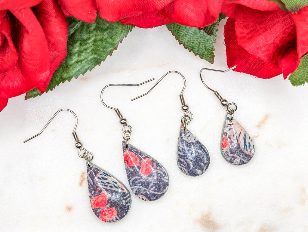 Abstract Polymer Clay Dangle Earrings with Silver Border