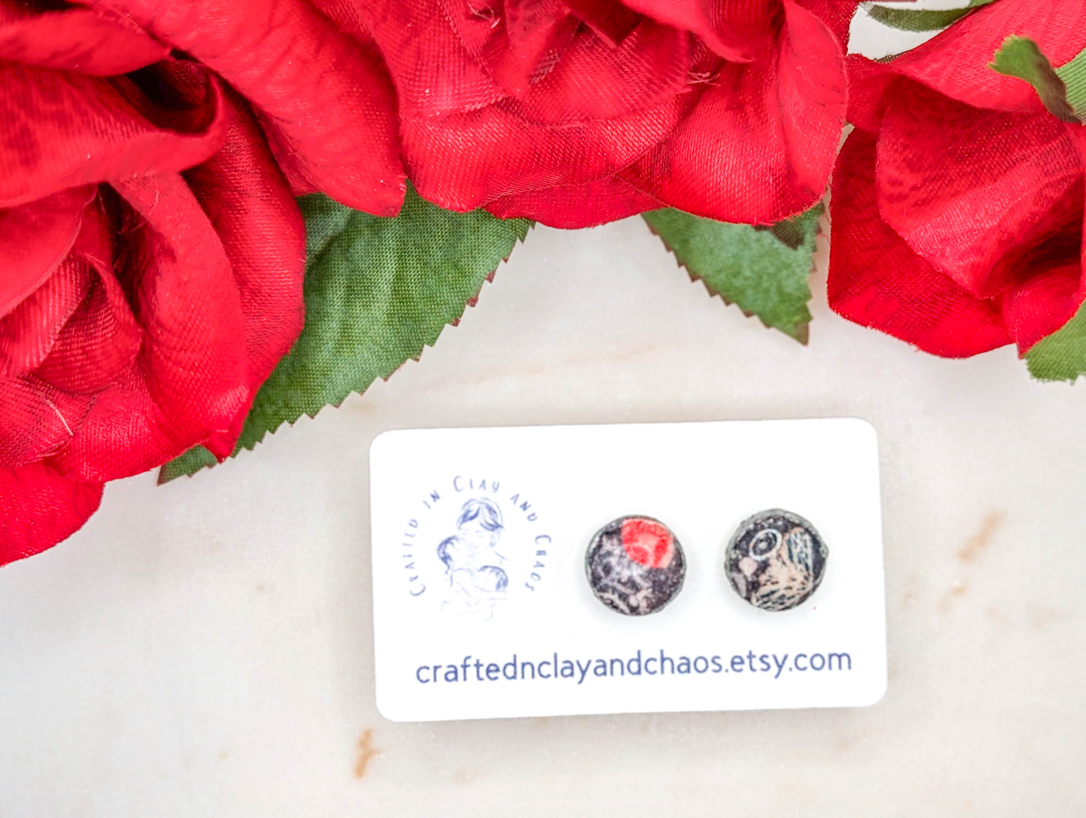 Abstract Polymer Clay Stud Earrings with Silver Border