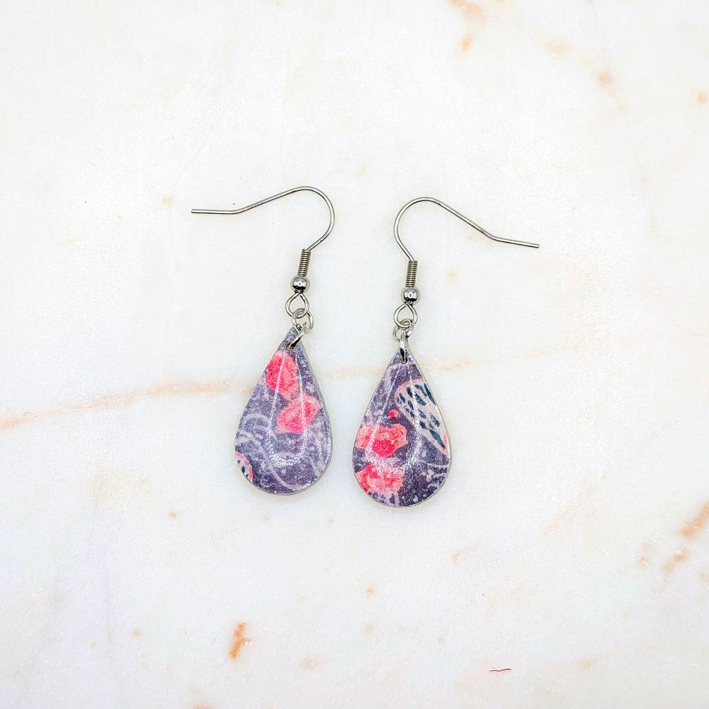 Abstract Polymer Clay Dangle Earrings with Silver Border