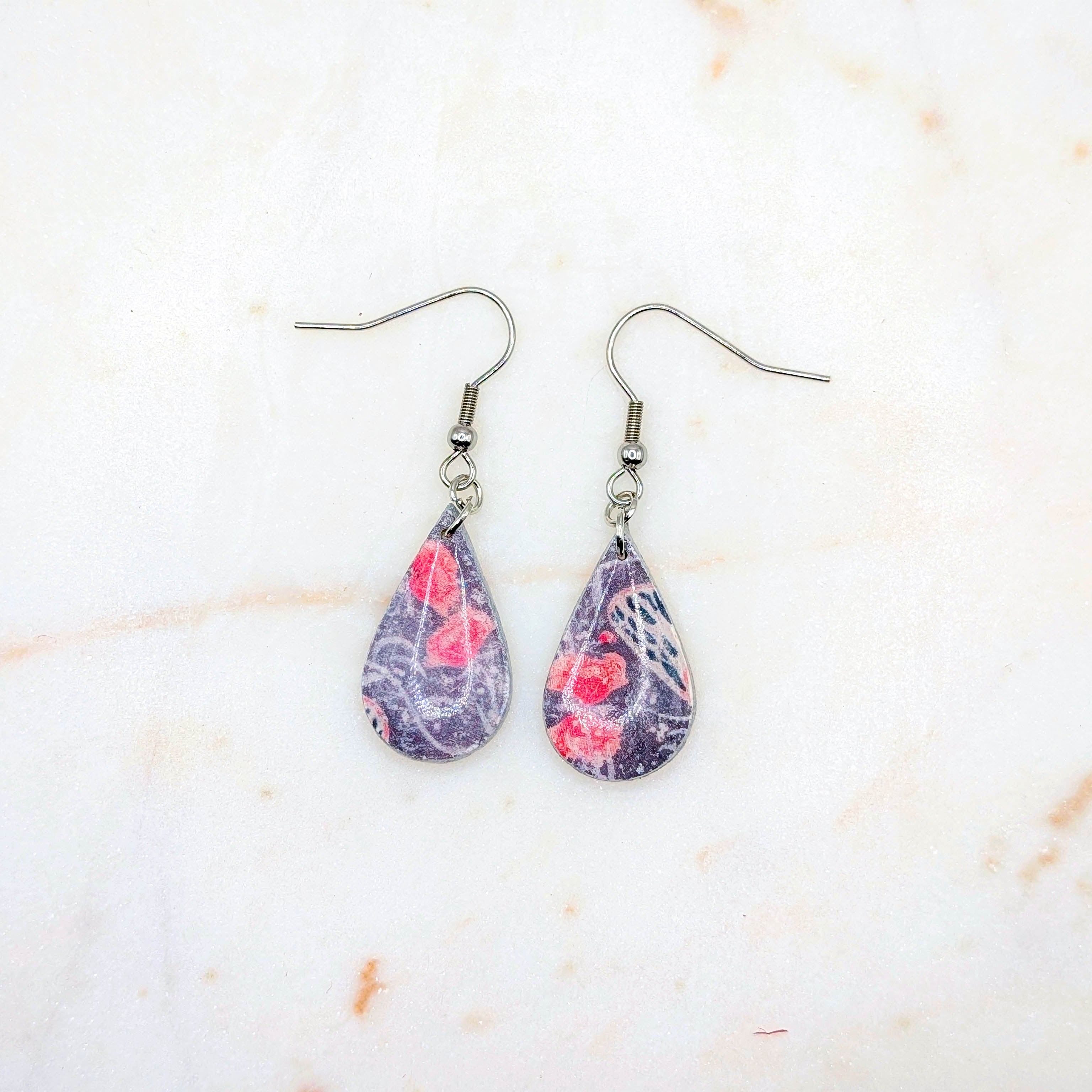 Abstract Polymer Clay Dangle Earrings with Silver Border