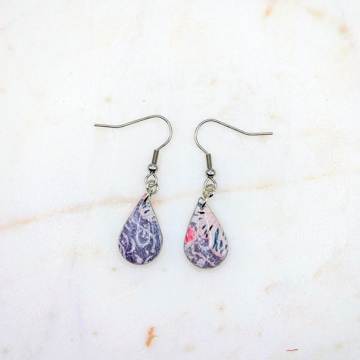 Abstract Polymer Clay Dangle Earrings with Silver Border