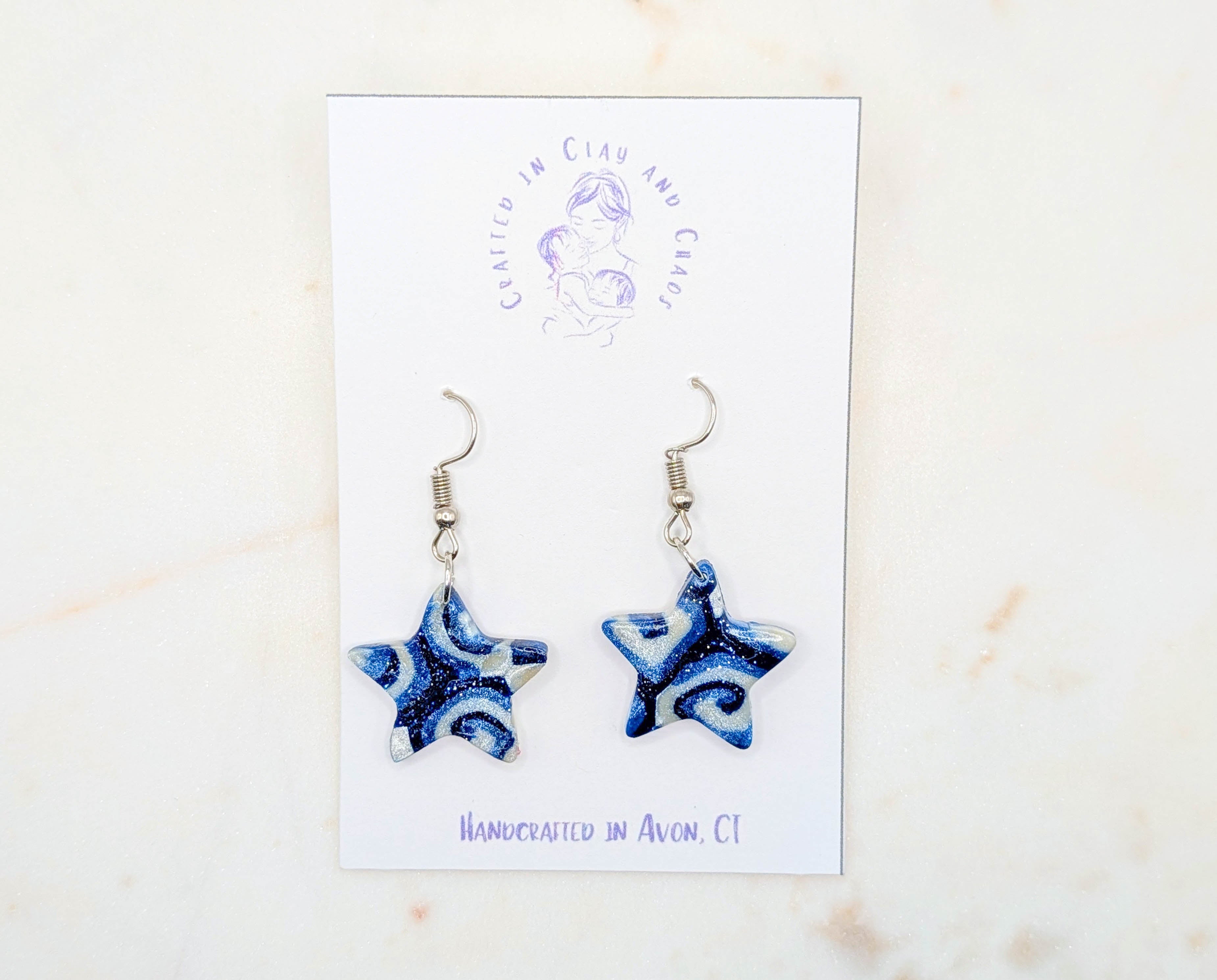 Blue Star Dangle Polymer Clay Earrings