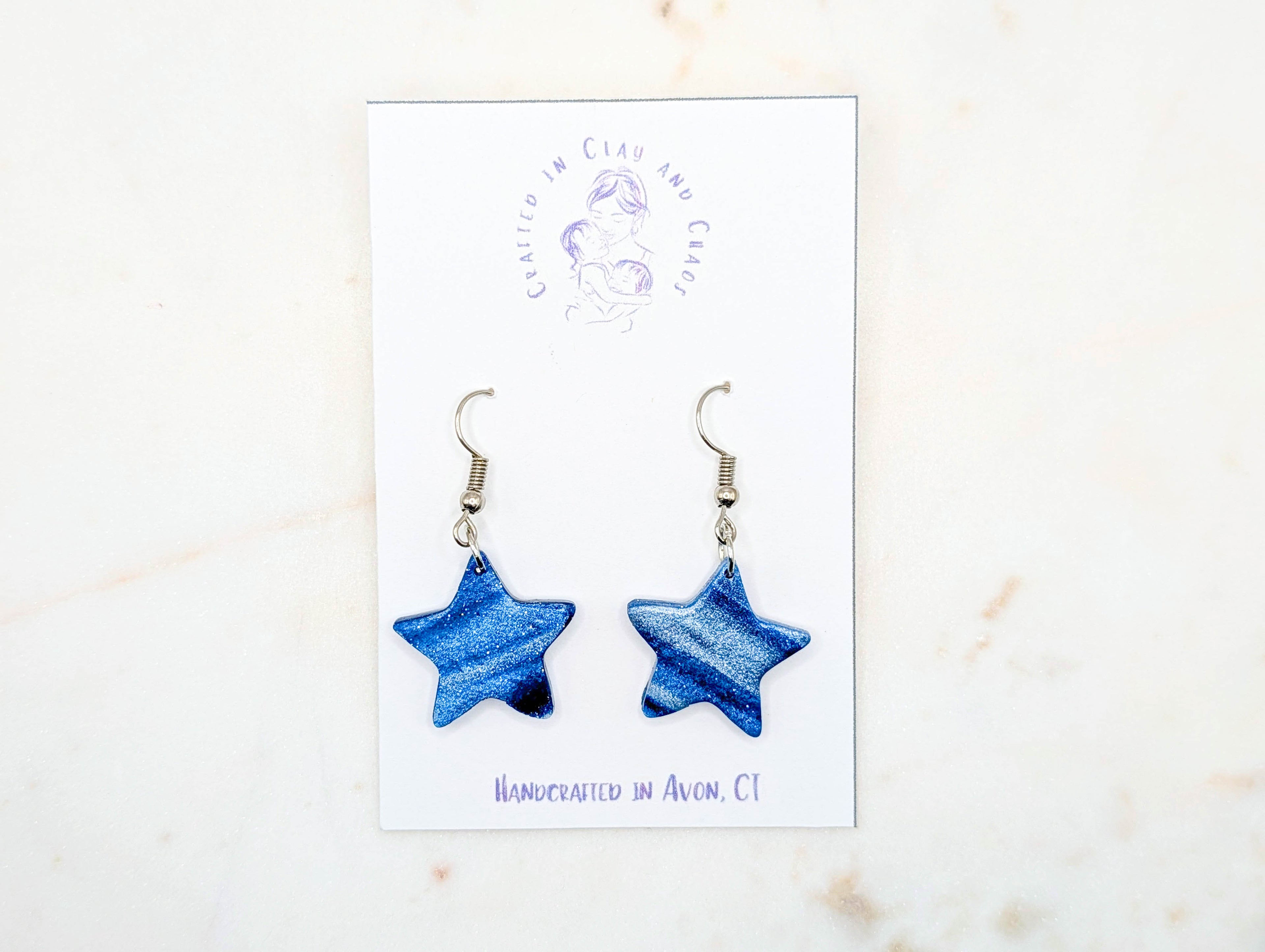 Blue Star Dangle Polymer Clay Earrings