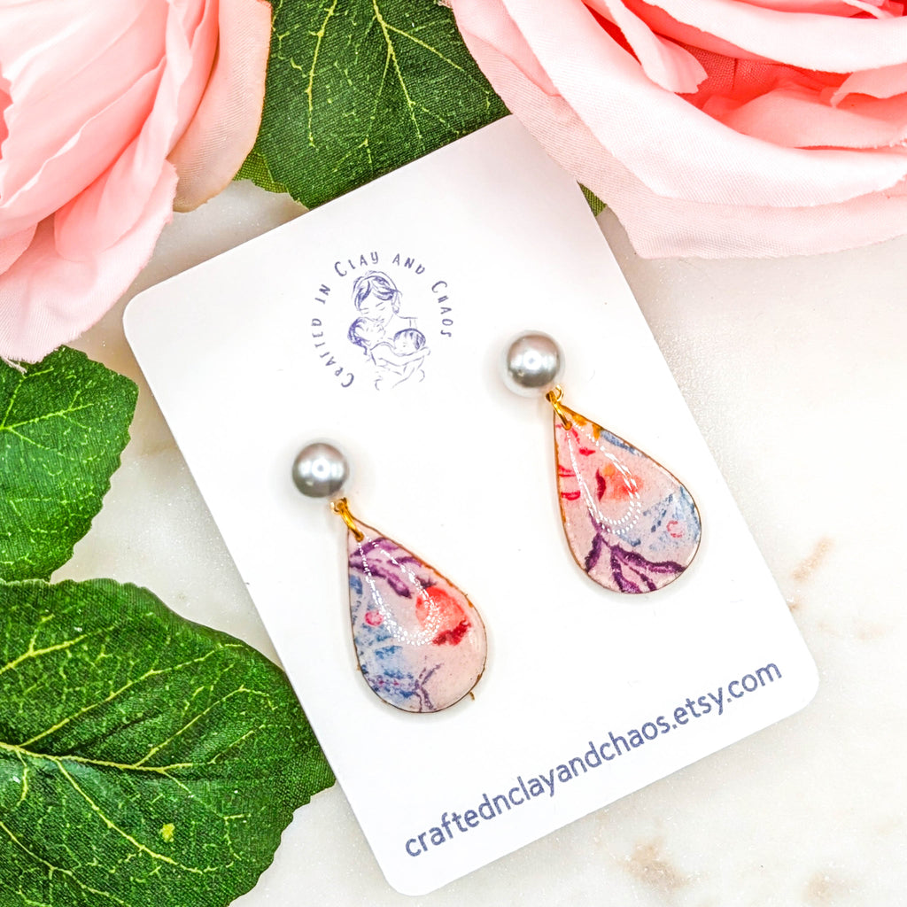 Floral Polymer Clay Earrings with Pearl Accent
