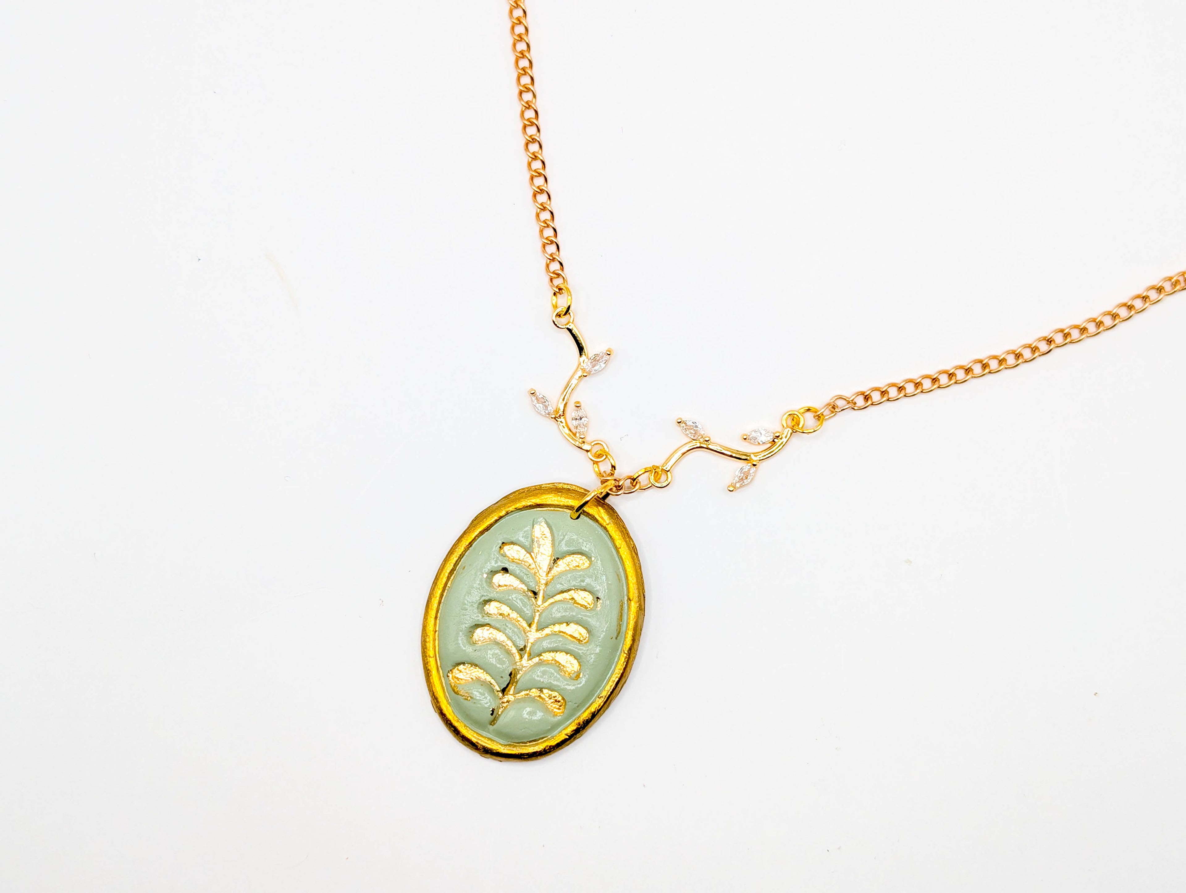 Cottagecore Polymer Clay Necklace, Gold Leaf Botanical Pendant