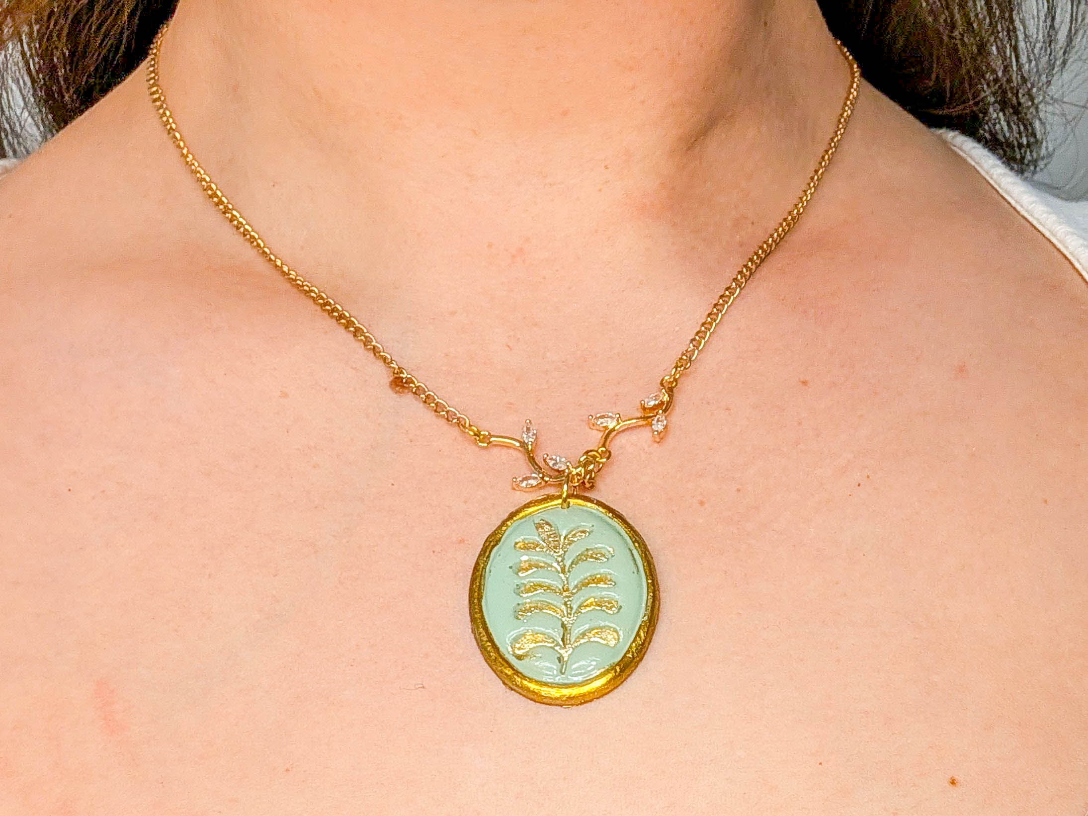 Cottagecore Polymer Clay Necklace, Gold Leaf Botanical Pendant