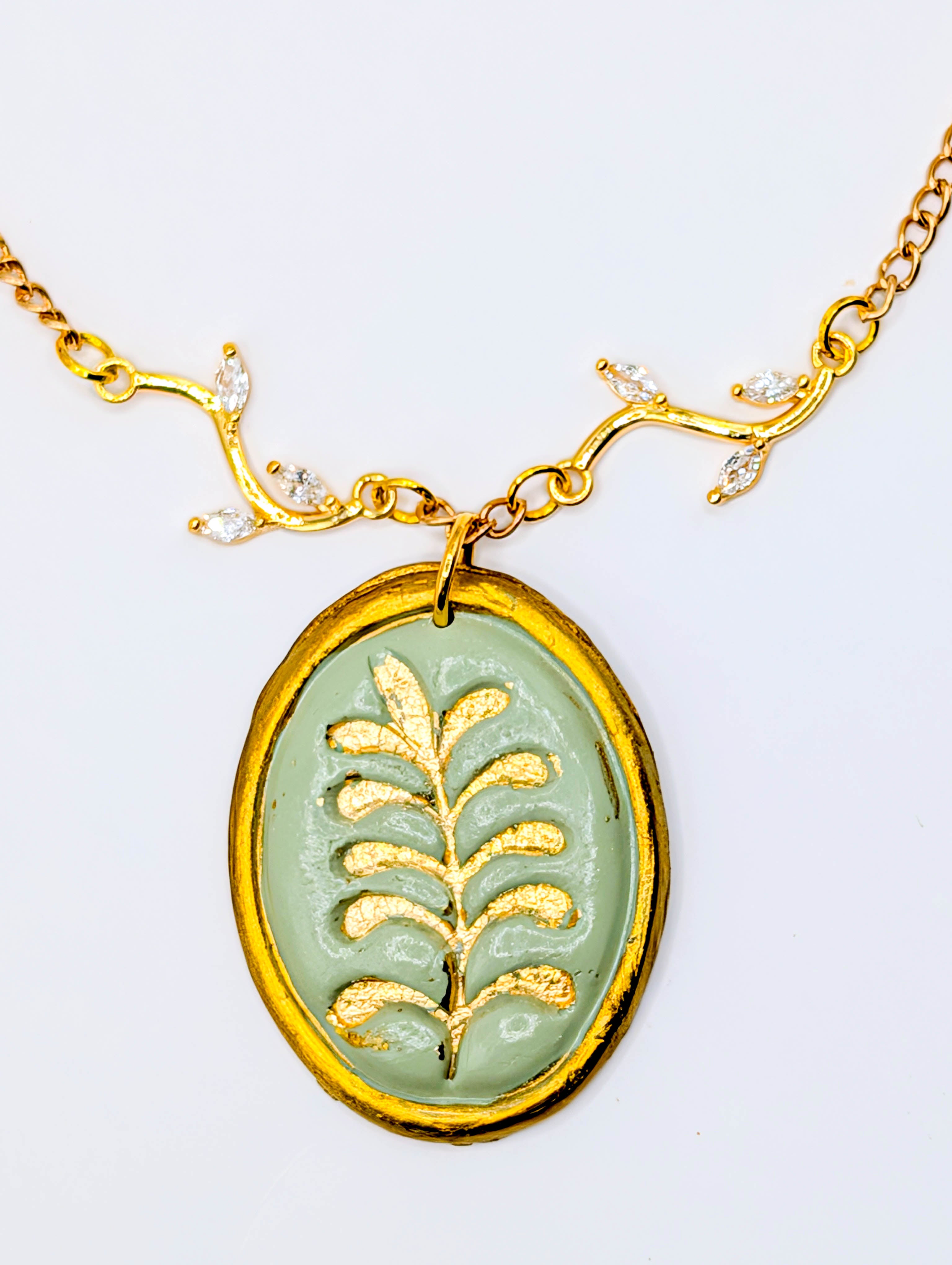 Cottagecore Polymer Clay Necklace, Gold Leaf Botanical Pendant
