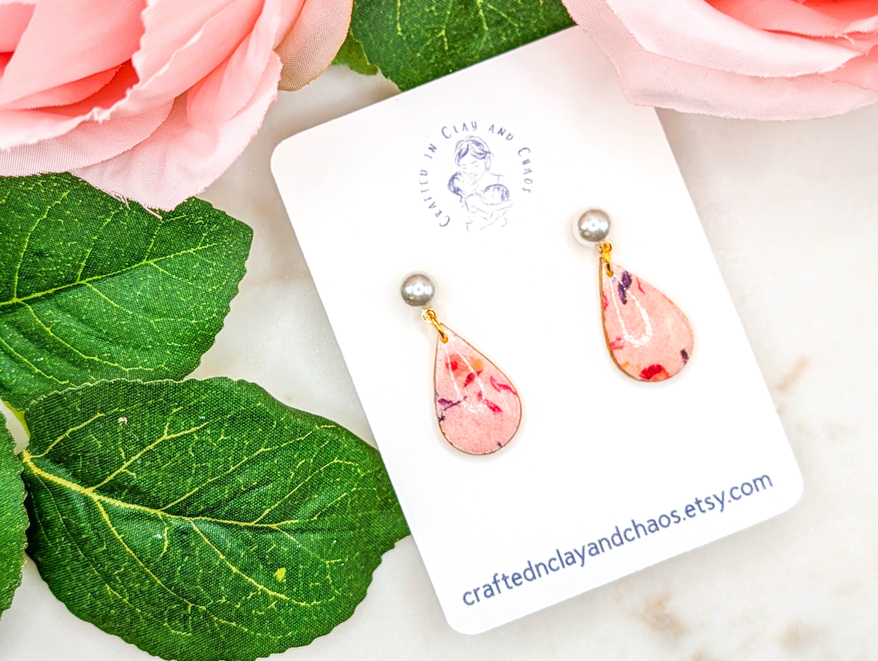 Floral Polymer Clay Earrings with Pearl Accent