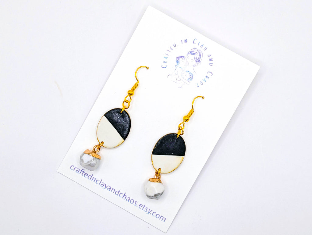 Black and White Oval Clay Earrings: Lightweight Modern Everyday Pair