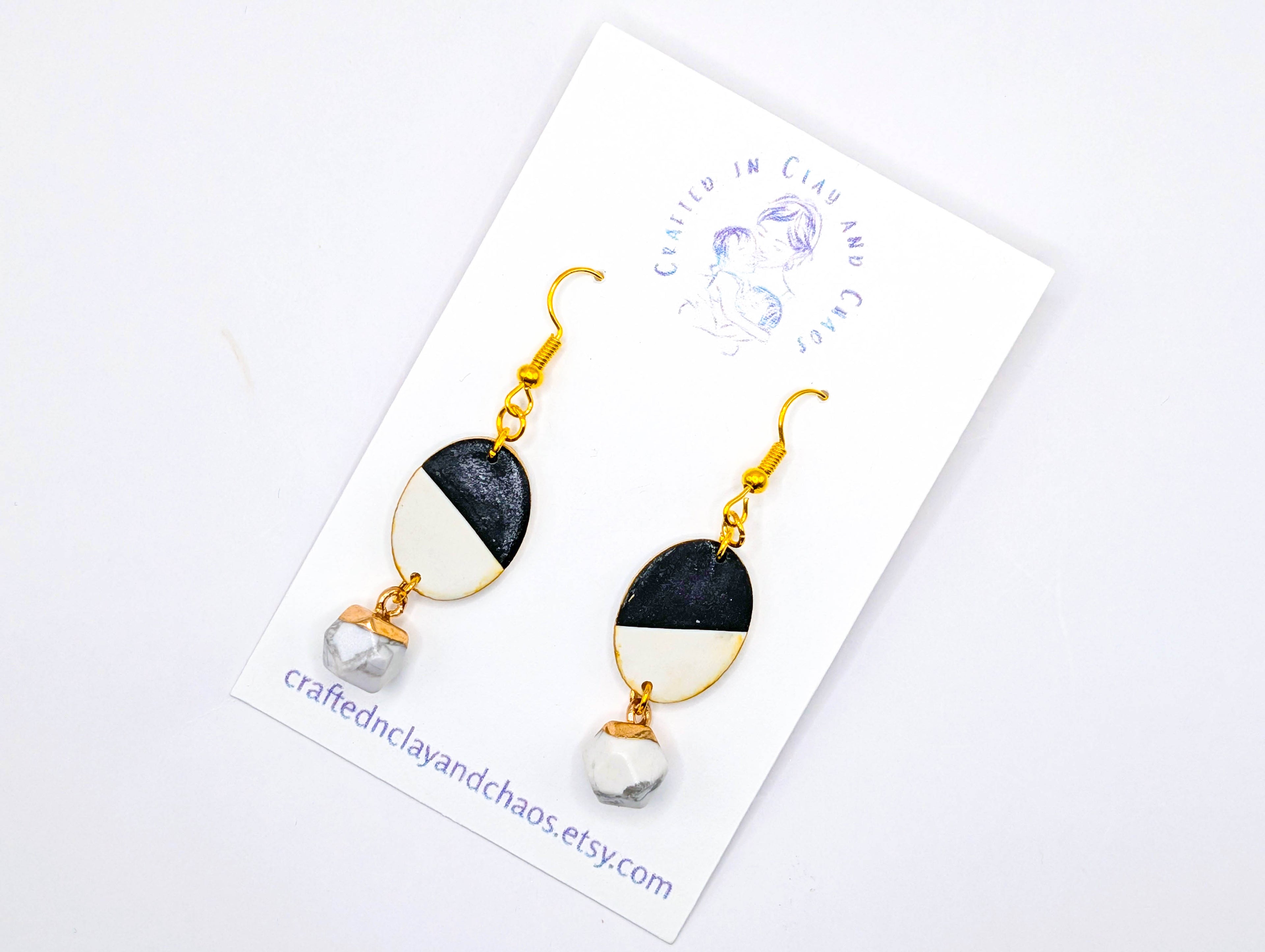 Black and White Oval Clay Earrings: Lightweight Modern Everyday Pair