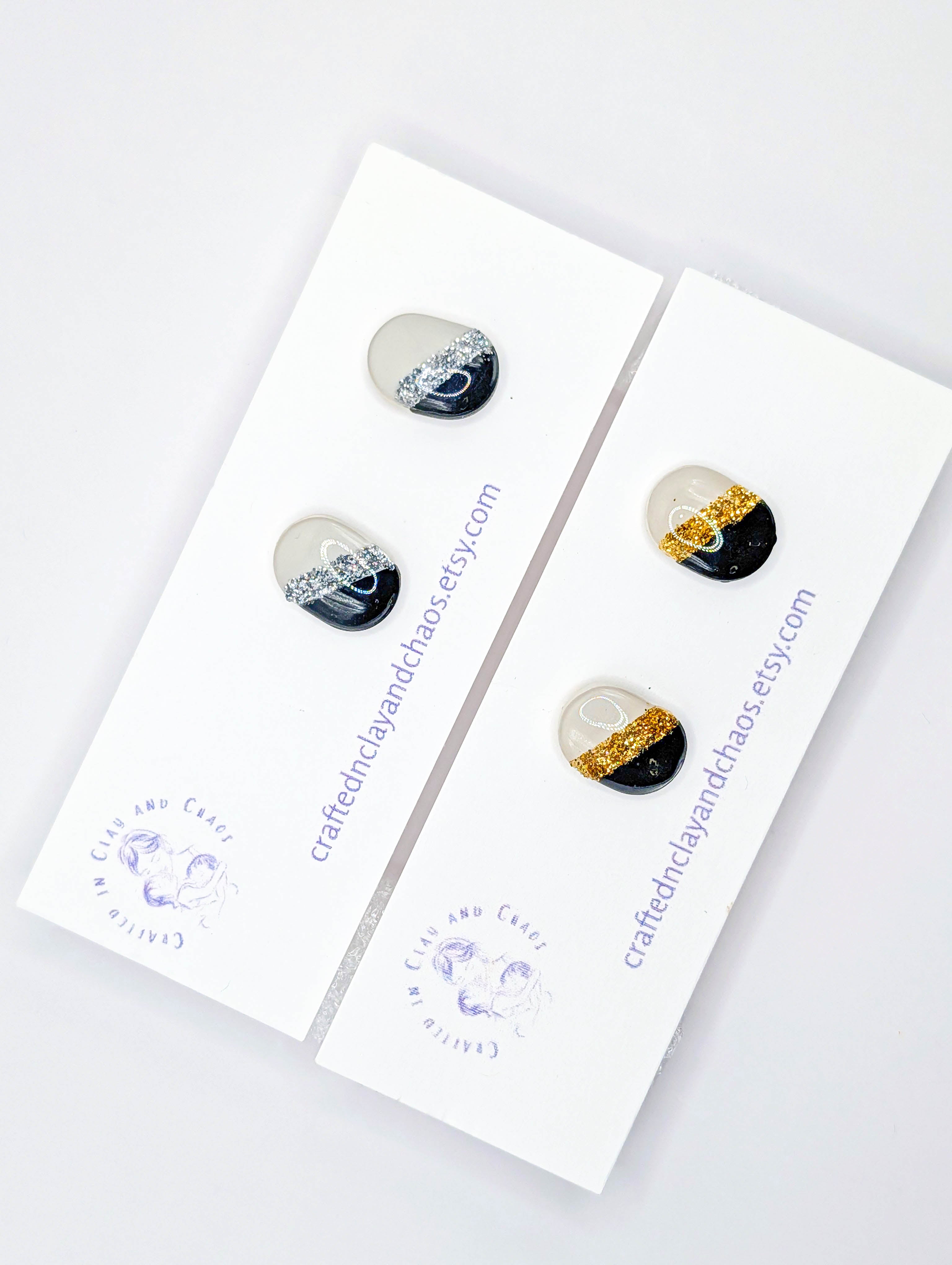 Minimalist Black and White Stud Earring with Gold or Silver Glitter Accent