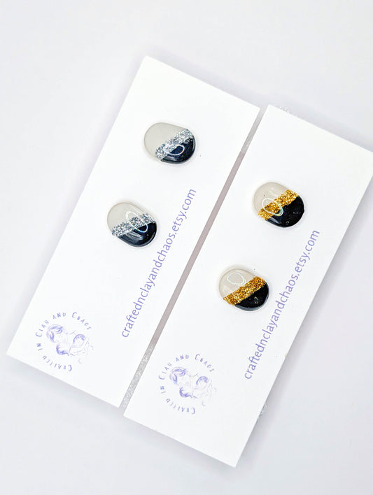 Minimalist Black and White Stud Earring with Gold or Silver Glitter Accent