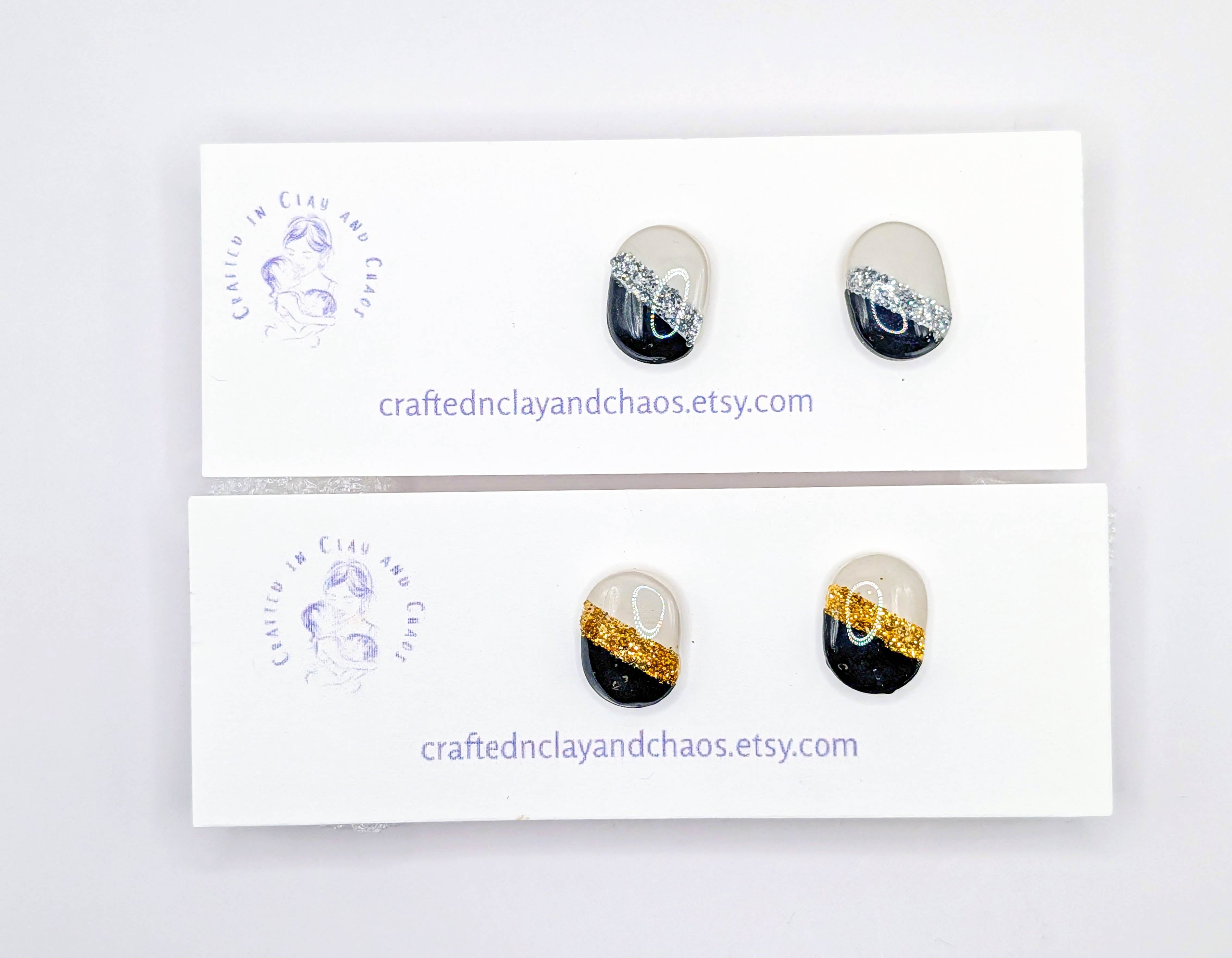 Minimalist Black and White Stud Earring with Gold or Silver Glitter Accent