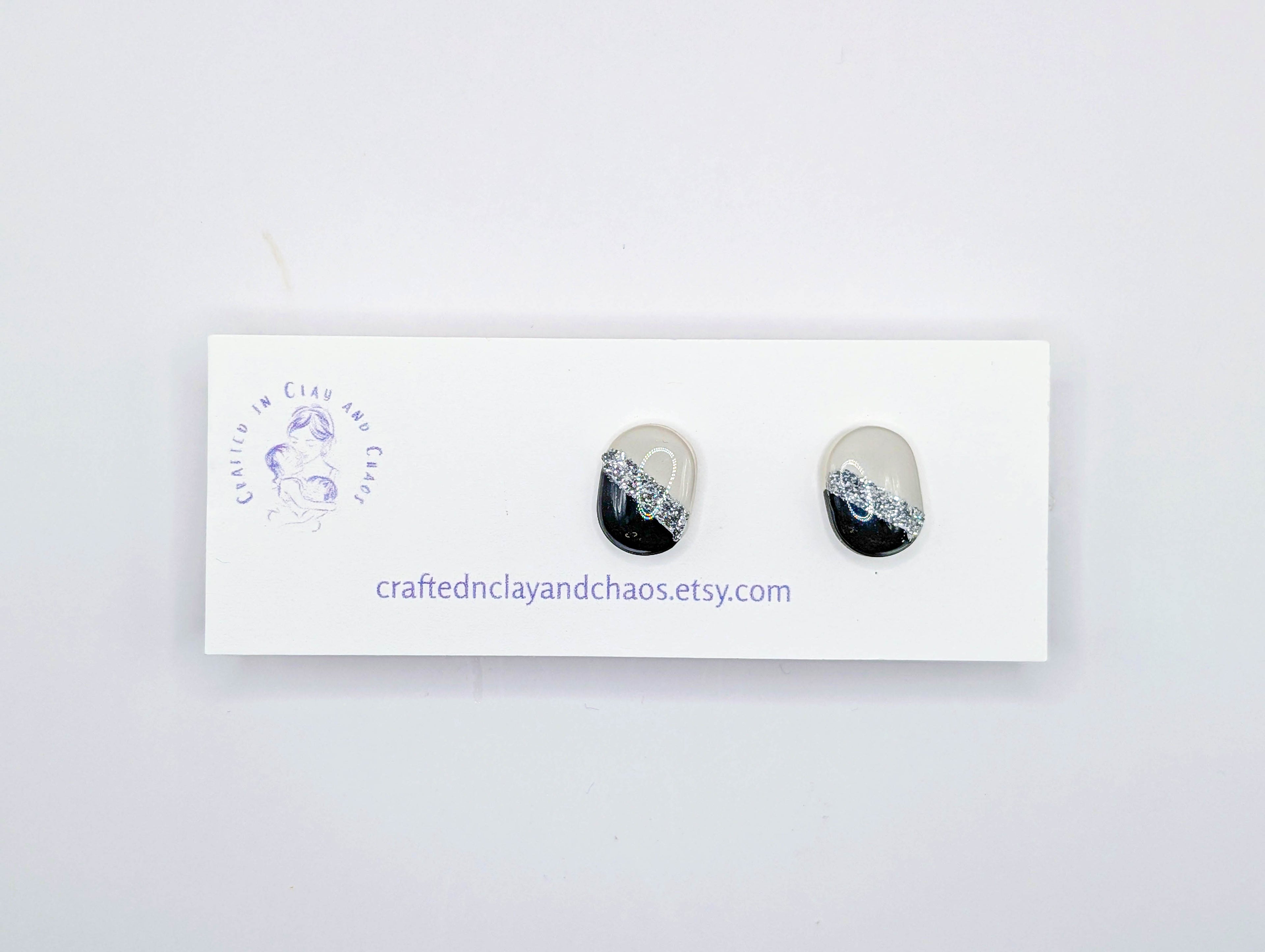 Minimalist Black and White Stud Earring with Gold or Silver Glitter Accent