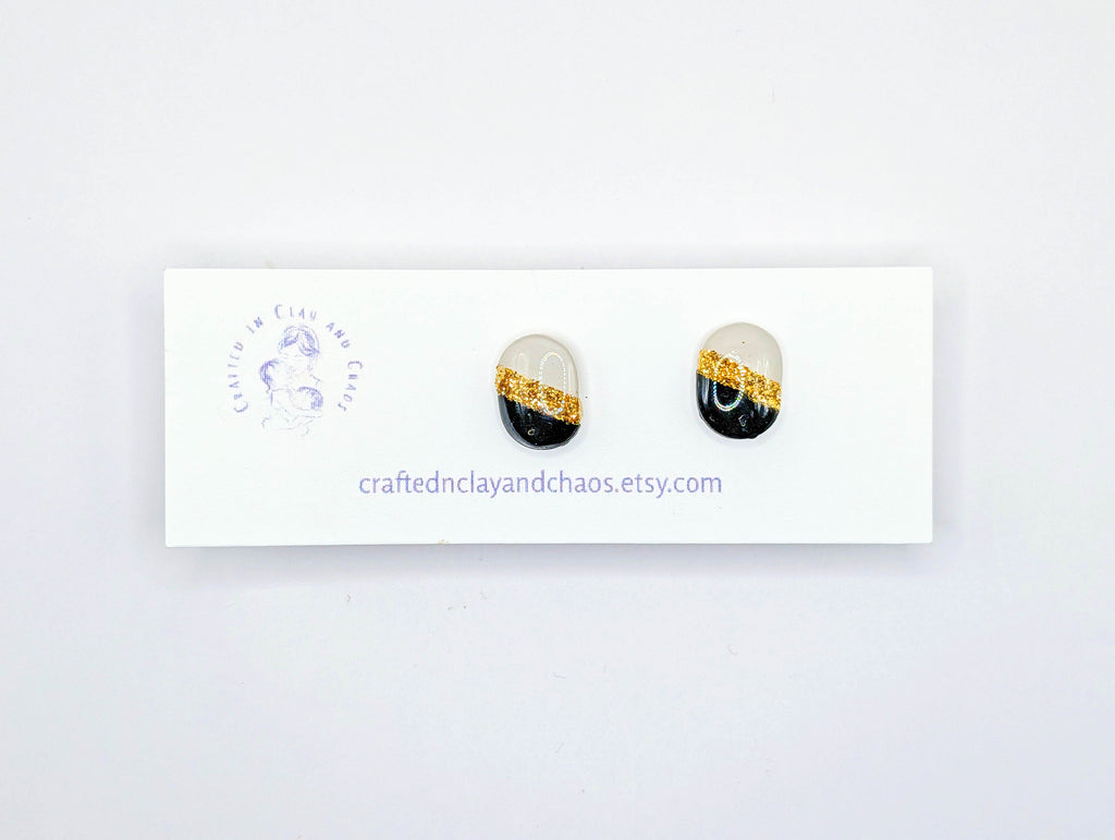 Minimalist Black and White Stud Earring with Gold or Silver Glitter Accent