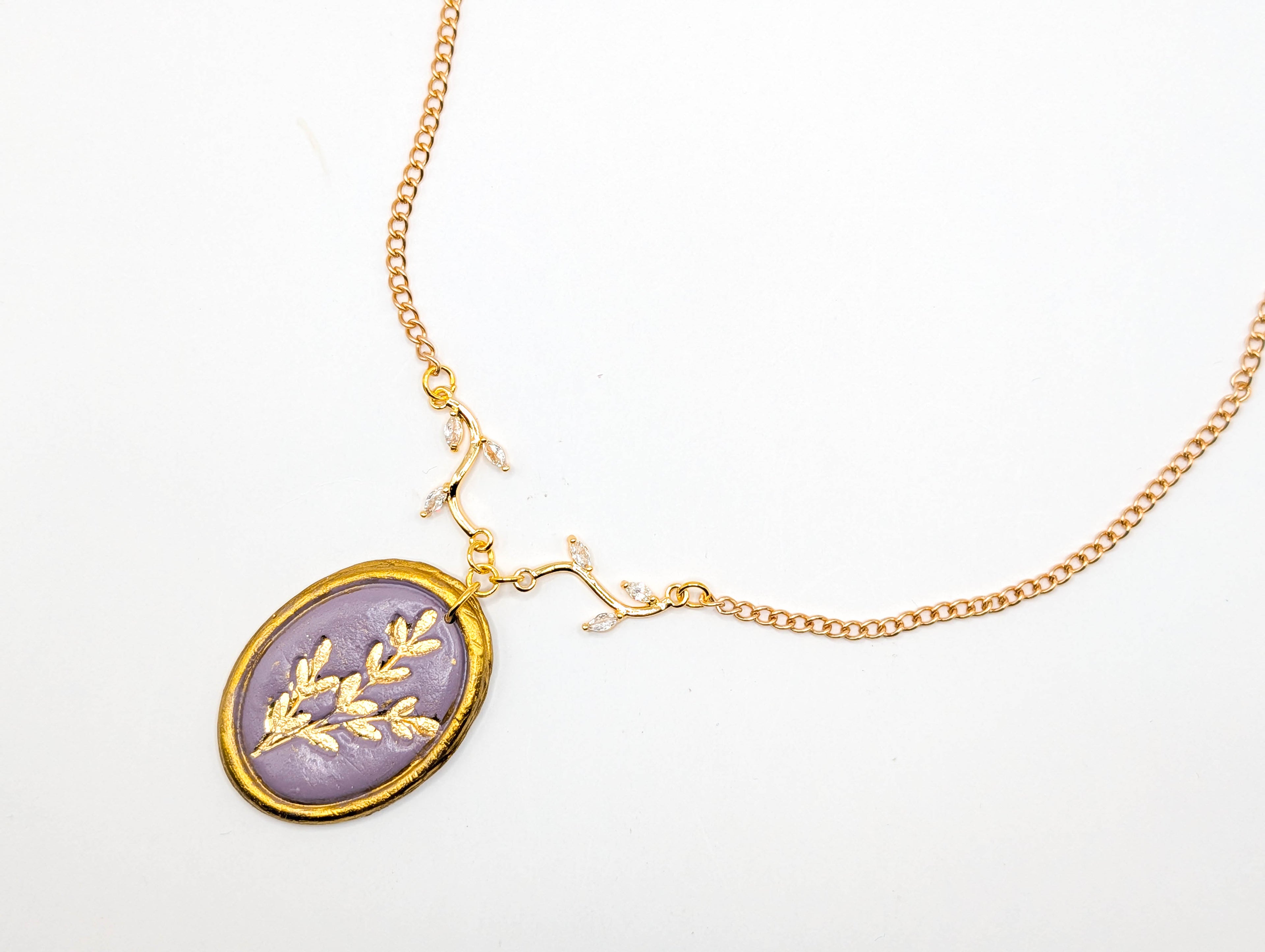 Cottagecore Polymer Clay Necklace, Gold Leaf Botanical Pendant