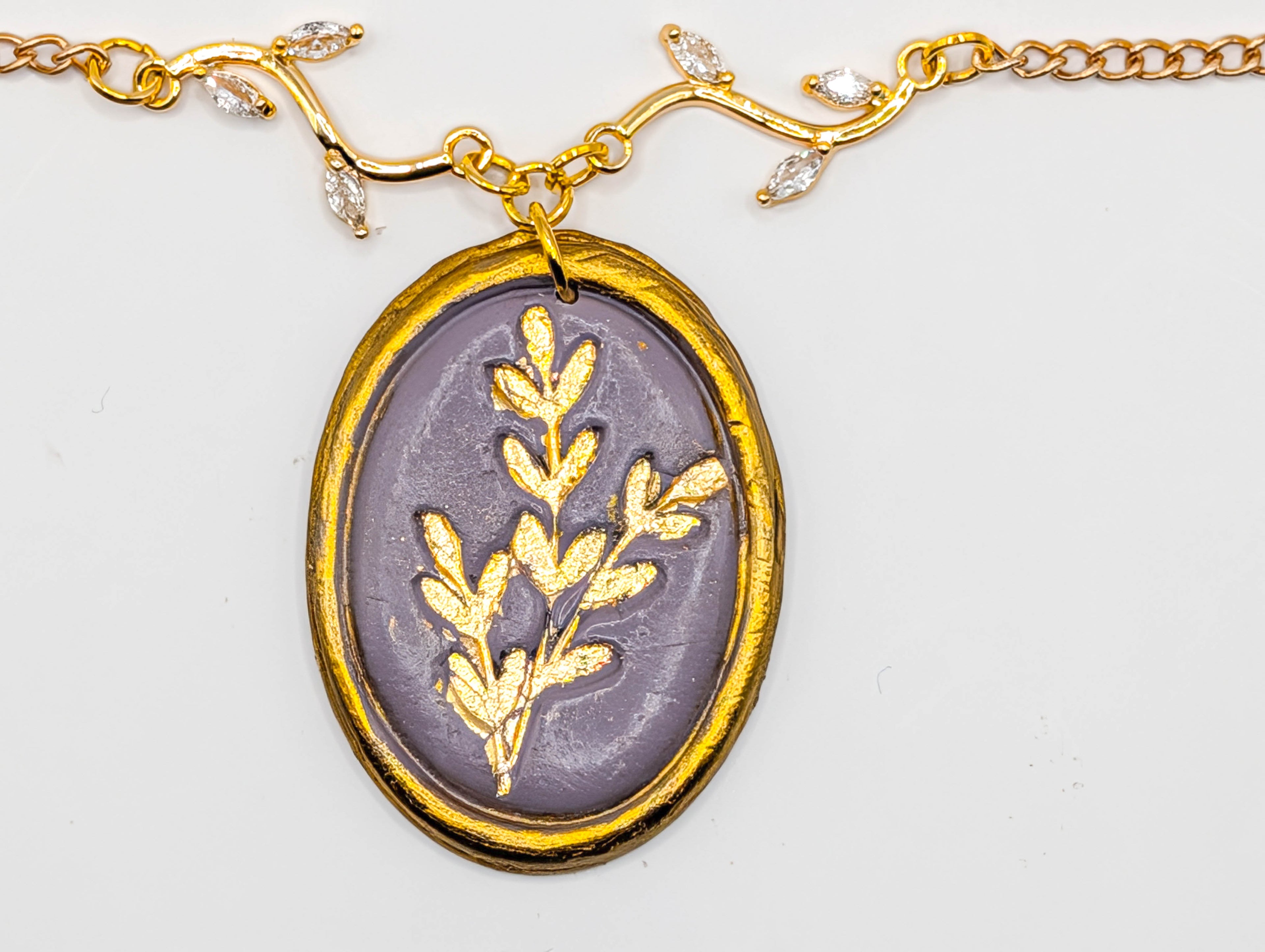 Cottagecore Polymer Clay Necklace, Gold Leaf Botanical Pendant