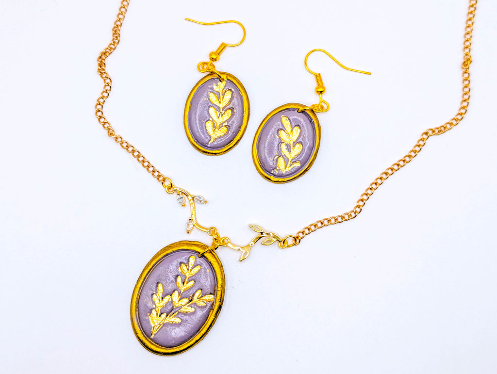 Cottagecore Polymer Clay Necklace, Gold Leaf Botanical Pendant
