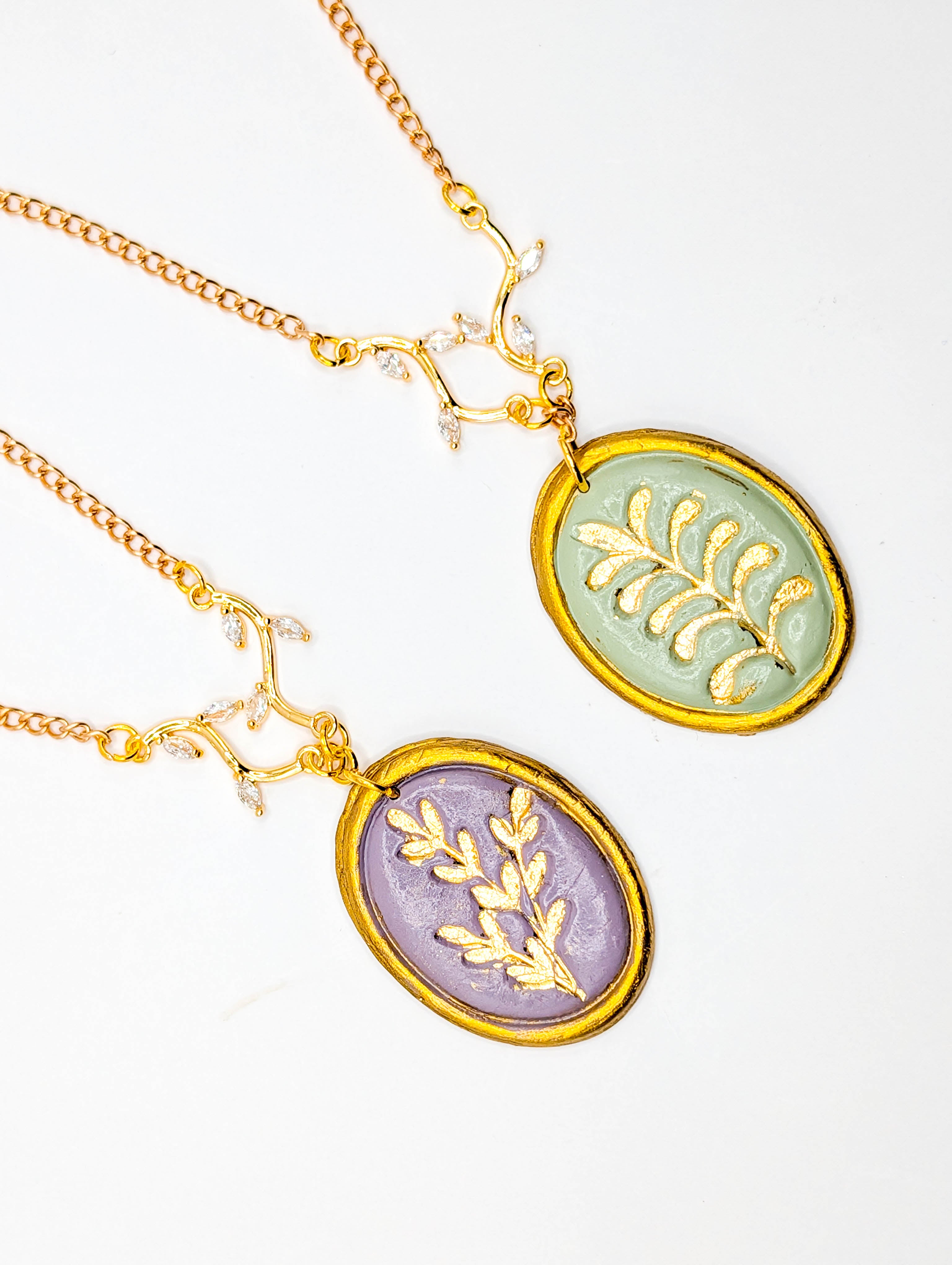 Cottagecore Polymer Clay Necklace, Gold Leaf Botanical Pendant