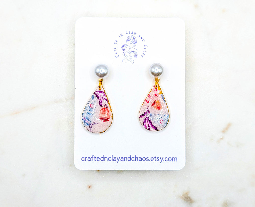 Floral Polymer Clay Earrings with Pearl Accent