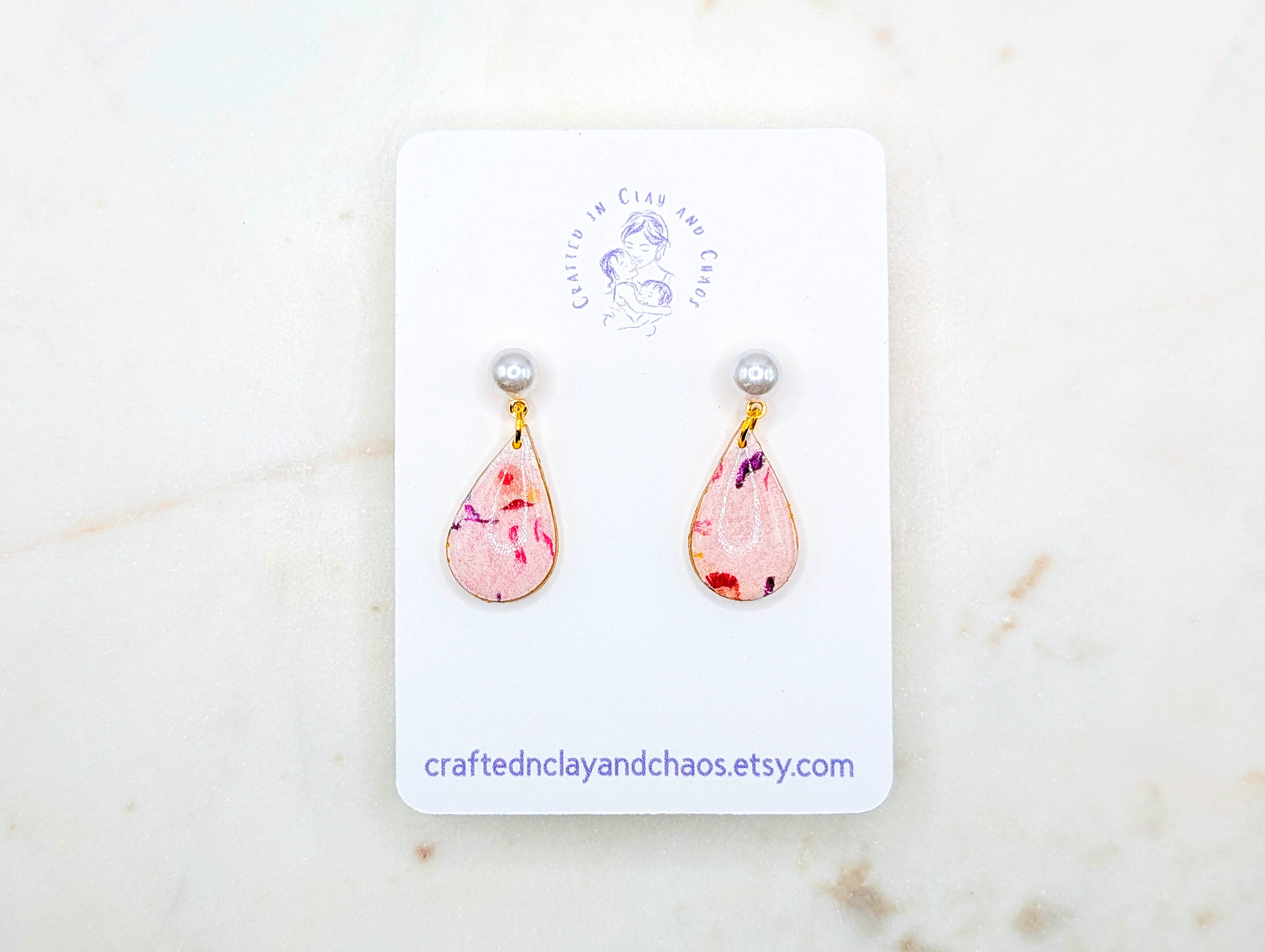 Floral Polymer Clay Earrings with Pearl Accent