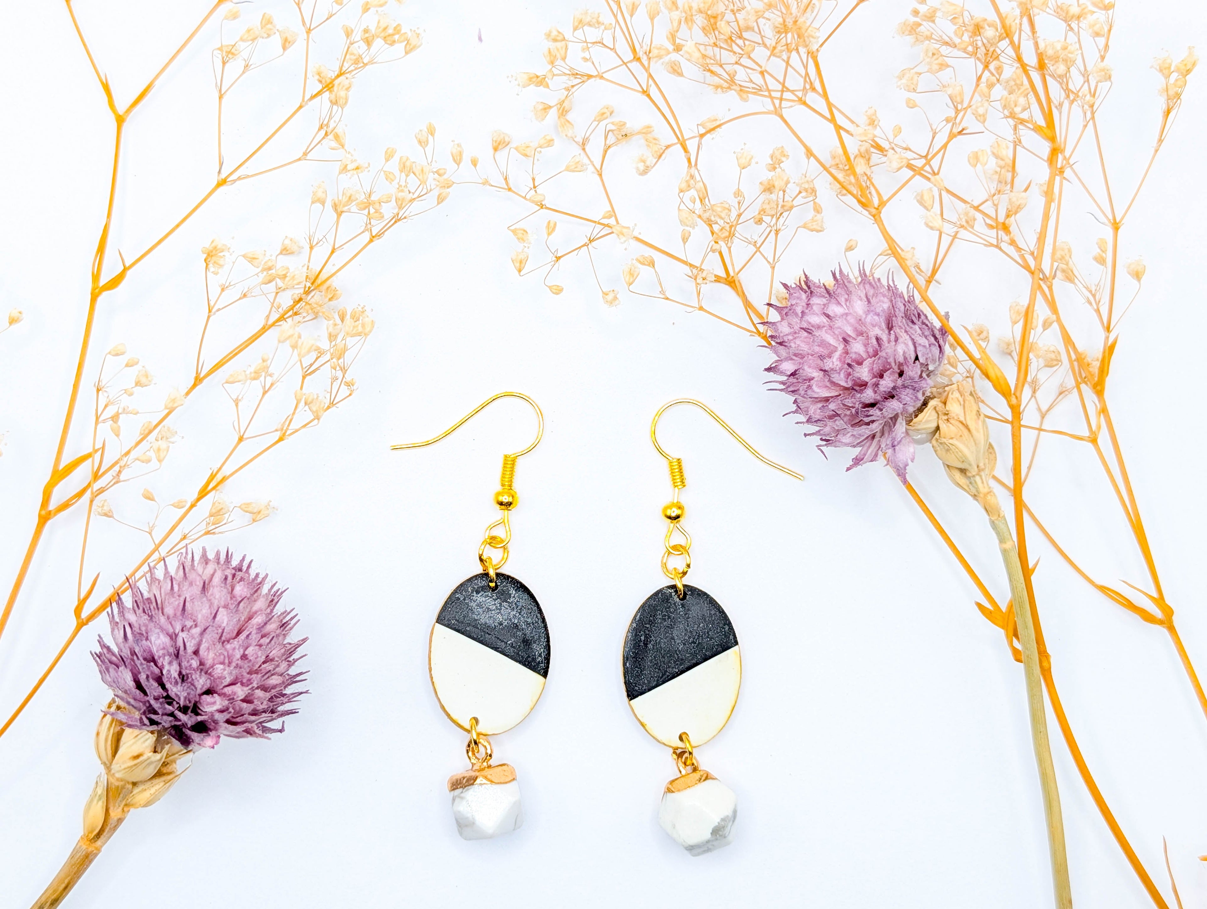 Black and White Oval Clay Earrings: Lightweight Modern Everyday Pair