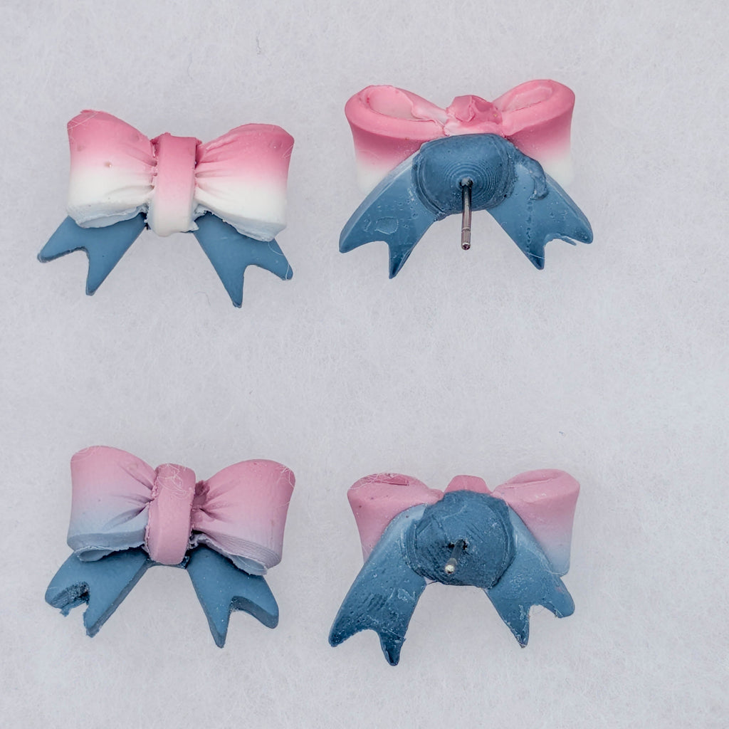 Faded Glory Bow Studs: Coquette Americana Polymer Clay Earrings for Fourth of July