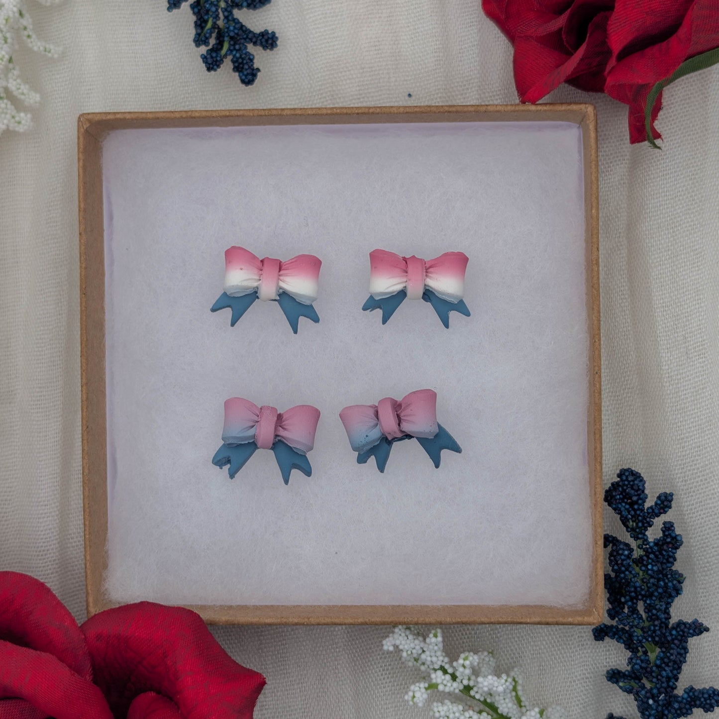 Faded Glory Bow Studs: Coquette Americana Polymer Clay Earrings for Fourth of July