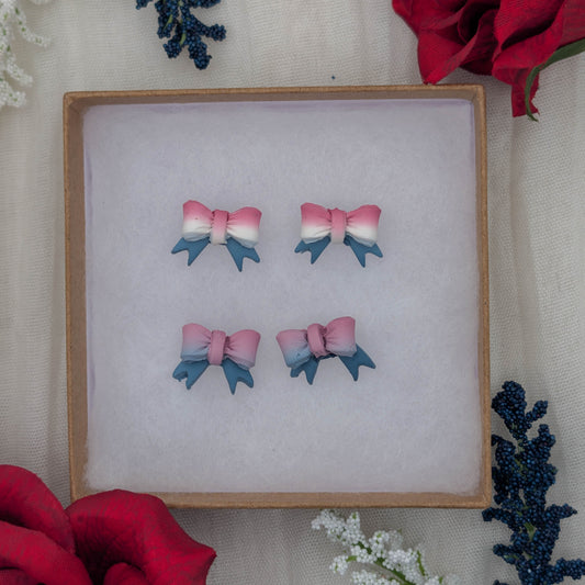 Faded Glory Bow Studs: Coquette Americana Polymer Clay Earrings for Fourth of July
