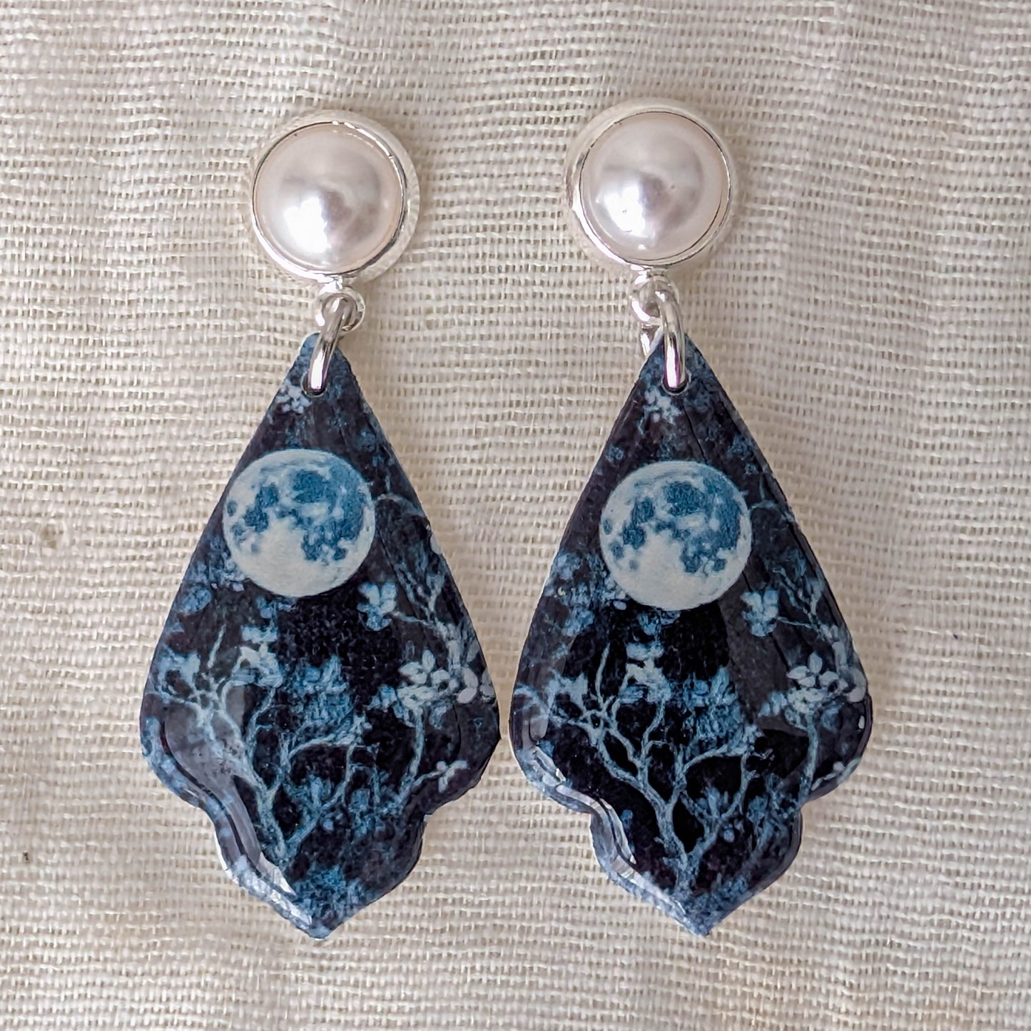 Blue moon petal earrings with faux pearl posts and midnight botanical design