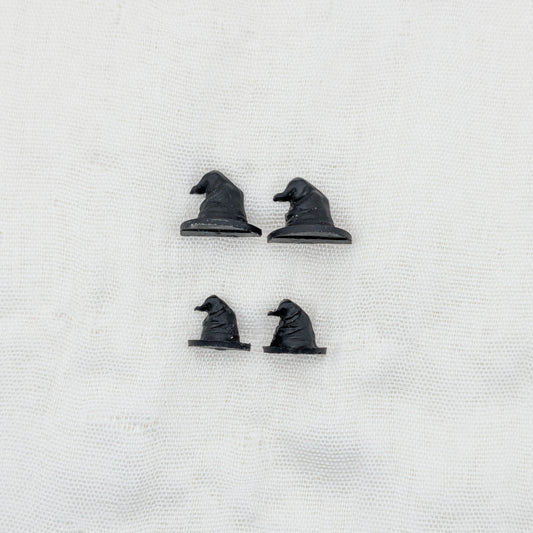 Small and mini handmade black 3D witch hat stud earrings shown together