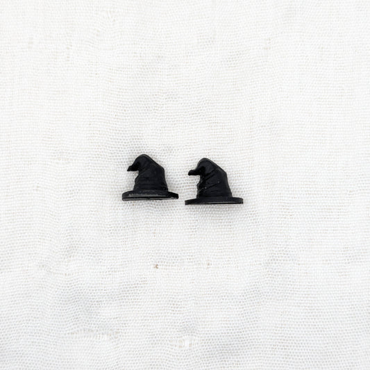 Small handmade black 3D witch hat stud earrings with crooked points
