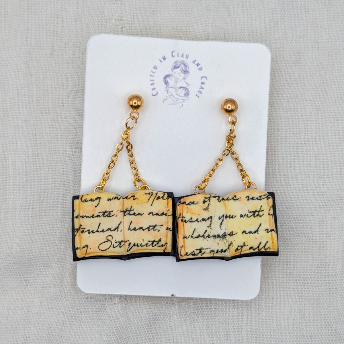 Deep Purple open spellbook earrings with gold findings
