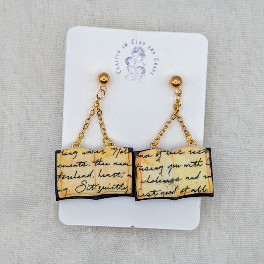 Deep Purple open spellbook earrings with gold findings