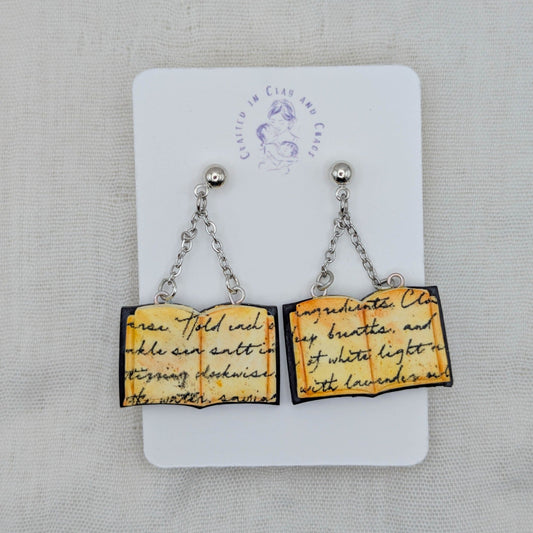 Deep Purple open spellbook earrings with silver findings