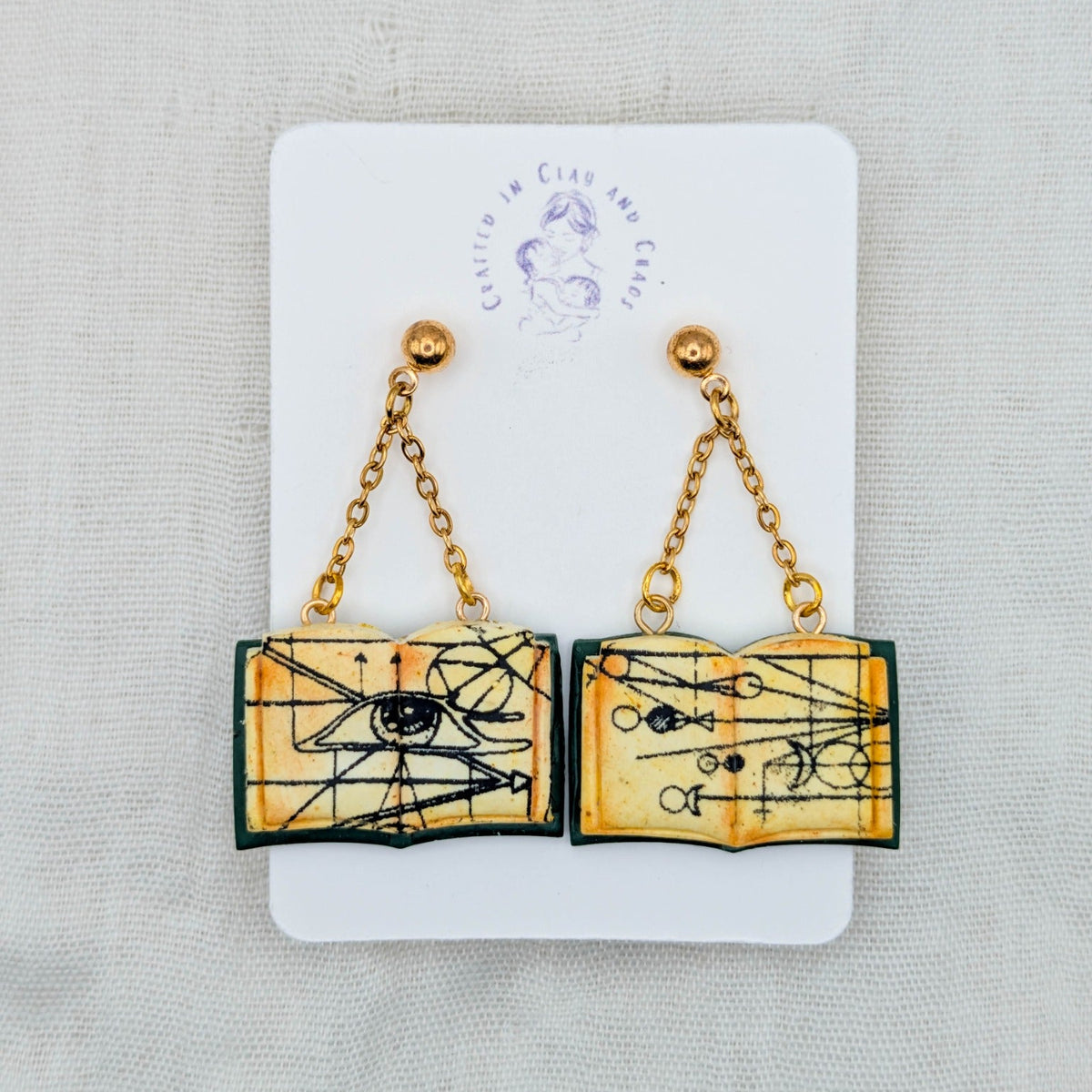 Forest Green open spellbook earrings with gold findings