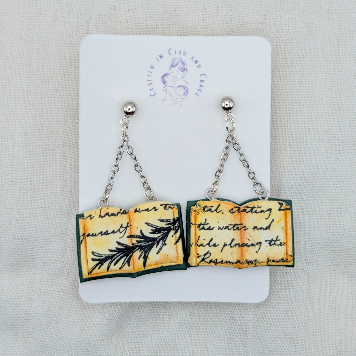 Forest Green open spellbook earrings with silver findings