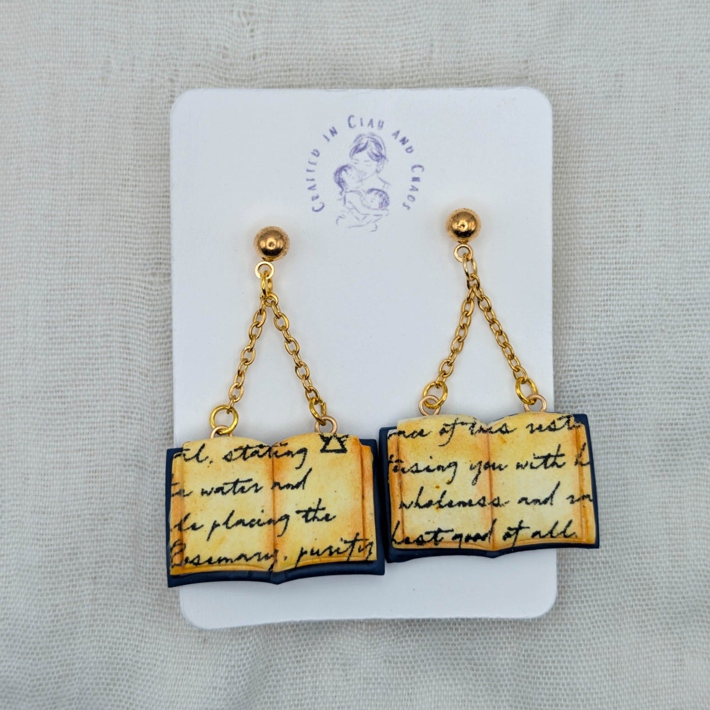 Midnight Blue open spellbook earrings with gold findings
