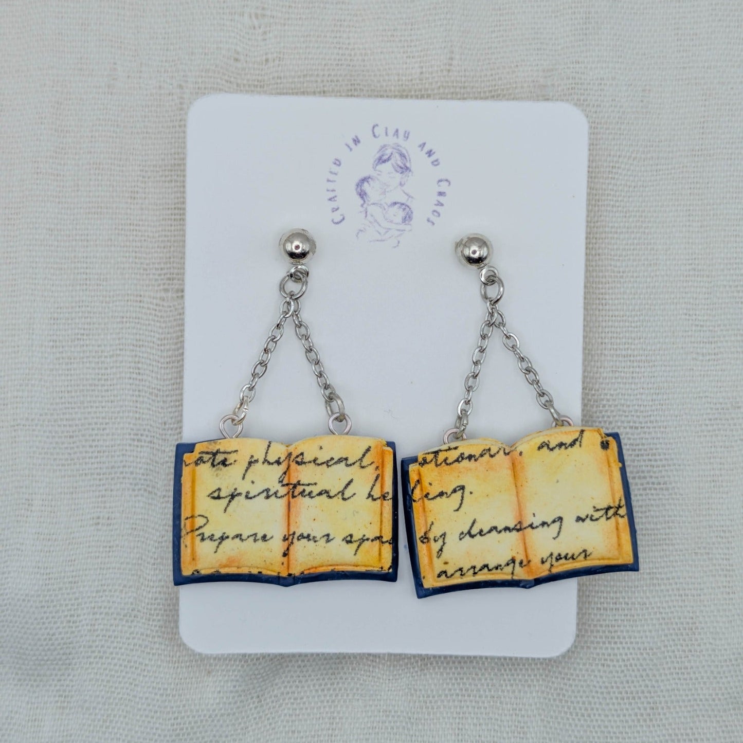 Midnight Blue open spellbook earrings with silver findings