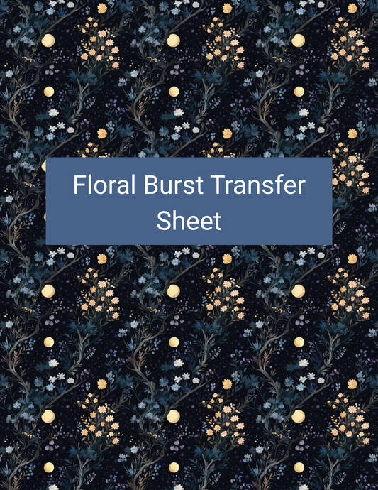 Floral Burst polymer clay transfer paper with midnight blue, black, smoky teal, cream, and warm gold featuring winding blue foliage, floral bursts, glowing dots, and scattered botanical sprigs