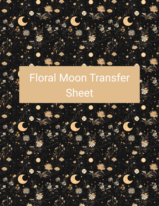 Floral Moon polymer clay transfer paper with black, warm cream, soft gold, beige, and muted gray featuring crescent moons, tiny stars, daisy-like blossoms, and scattered floral sprigs