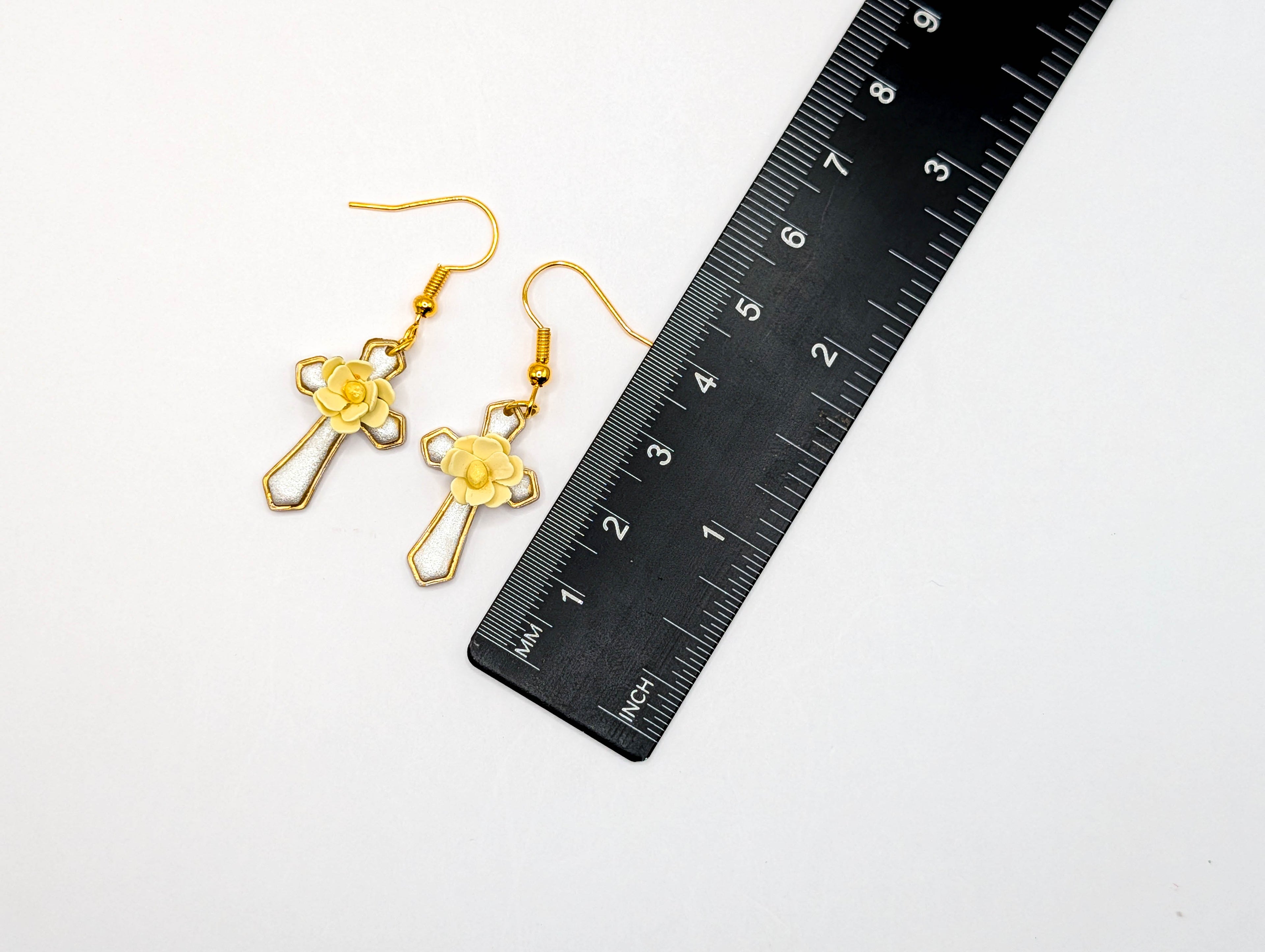 Yellow Floral Cross Earrings